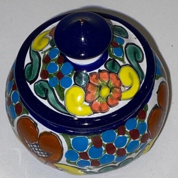 Small Trinket Dish Bowl with Lid Colourful Mexican Clay Glazed Pottery Signed - Picture 5 of 5